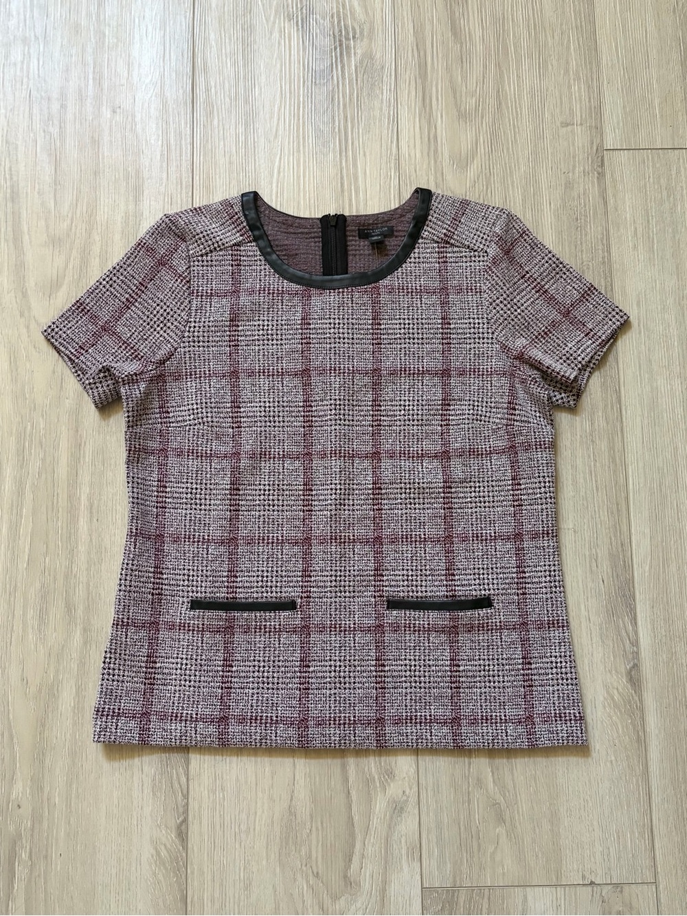 (NWT) Ann Taylor Burgundy and Gray Plaid Short Sleeve Top with Black Trim